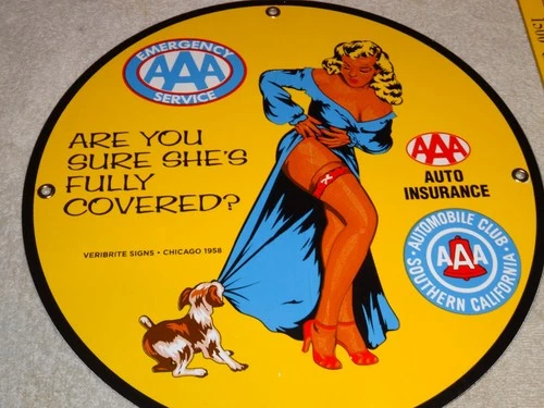 VINTAGE 1958 AAA AUTOMOBILE CLUB WOMAN +DOG 11 3/4" PORCELAIN METAL GAS OIL SIGN