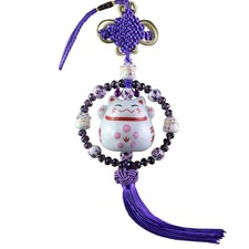Maneki Neko Lucky Cat 14" Hanging Charm - 4 Cats on Purple Tassel