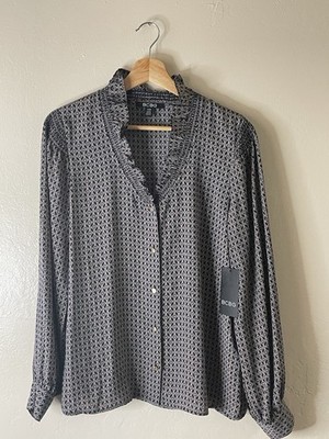 bcbg geometric print ruffle Trim Button Blouse Navy Pink Size L Chiffon Career