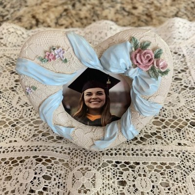 Vintage 1990s Heart Picture Frame 3D Roses Ribbon Shabby Chic Cottage Core 2x3