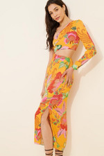FARM Rio One-Shoulder Long Sleeve Tropical Floral Cutout Midi Dress S