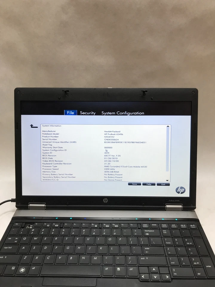 惠普 ProBook 6545b 15 英寸 AMD Turion 4GB RAM 无硬盘/操作系统 适用于零件 阅读说明 -DW — 第 2/4 张图片