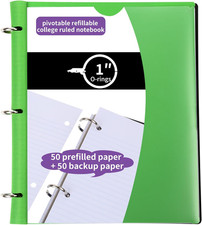 Pivotable Refillable Notebook, 1 Inch 3 Ring Notebook Binder, 50 College Ruled P