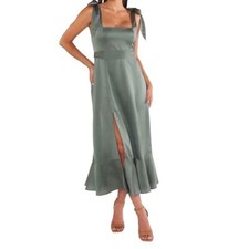 Show Me Your MuMu Plus 1X Claire Midi Dress Formal Ruffle Side Slit Sage Satin