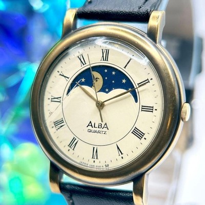 Working SEIKO ALBA Quartz Stylish Moon Phase Men's Watch from