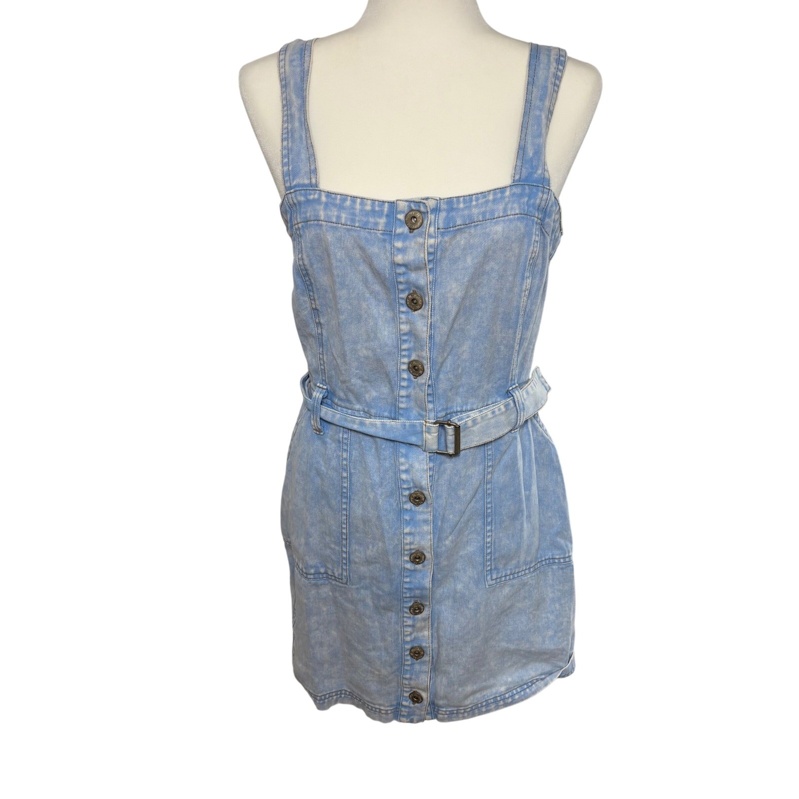 Hurley Denim Mini Dress Light Wash Acid Blue Button Front Belted Womens M FLAW