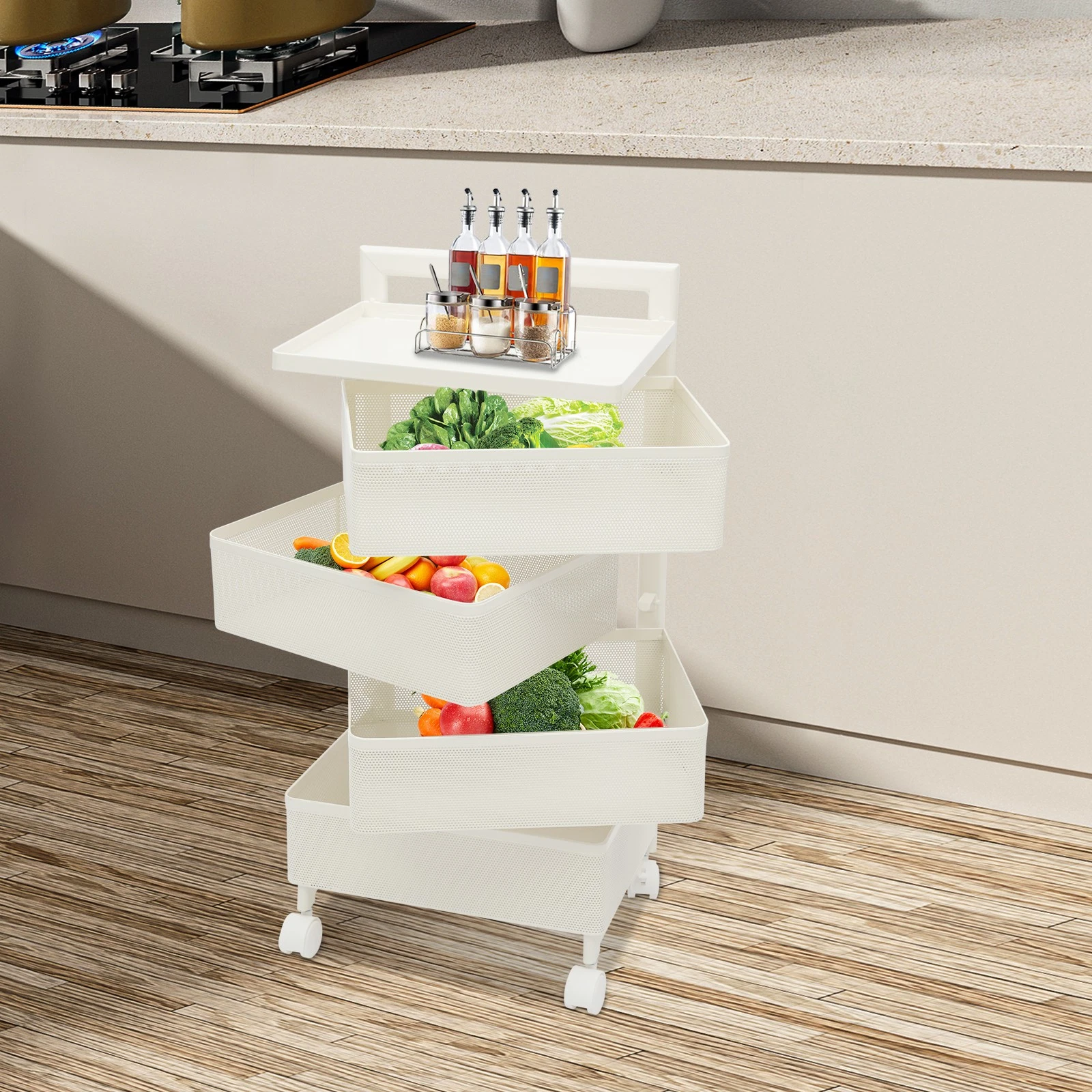 Rotating Storage Rack Kitchen Organizer with Wheels White Rotating Storage Cart