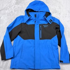 Reebok Softshell Hooded Jacket Girls Large 14/16 Blue Black Fleece Lined Coat