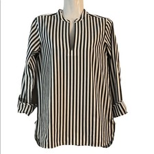Everlane tunic Sz 00 high low hemline 3/4 sleeve striped green white cotton