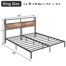 King Size Metal Bed Frame with LED Storage Headboard and Charging Station Bed