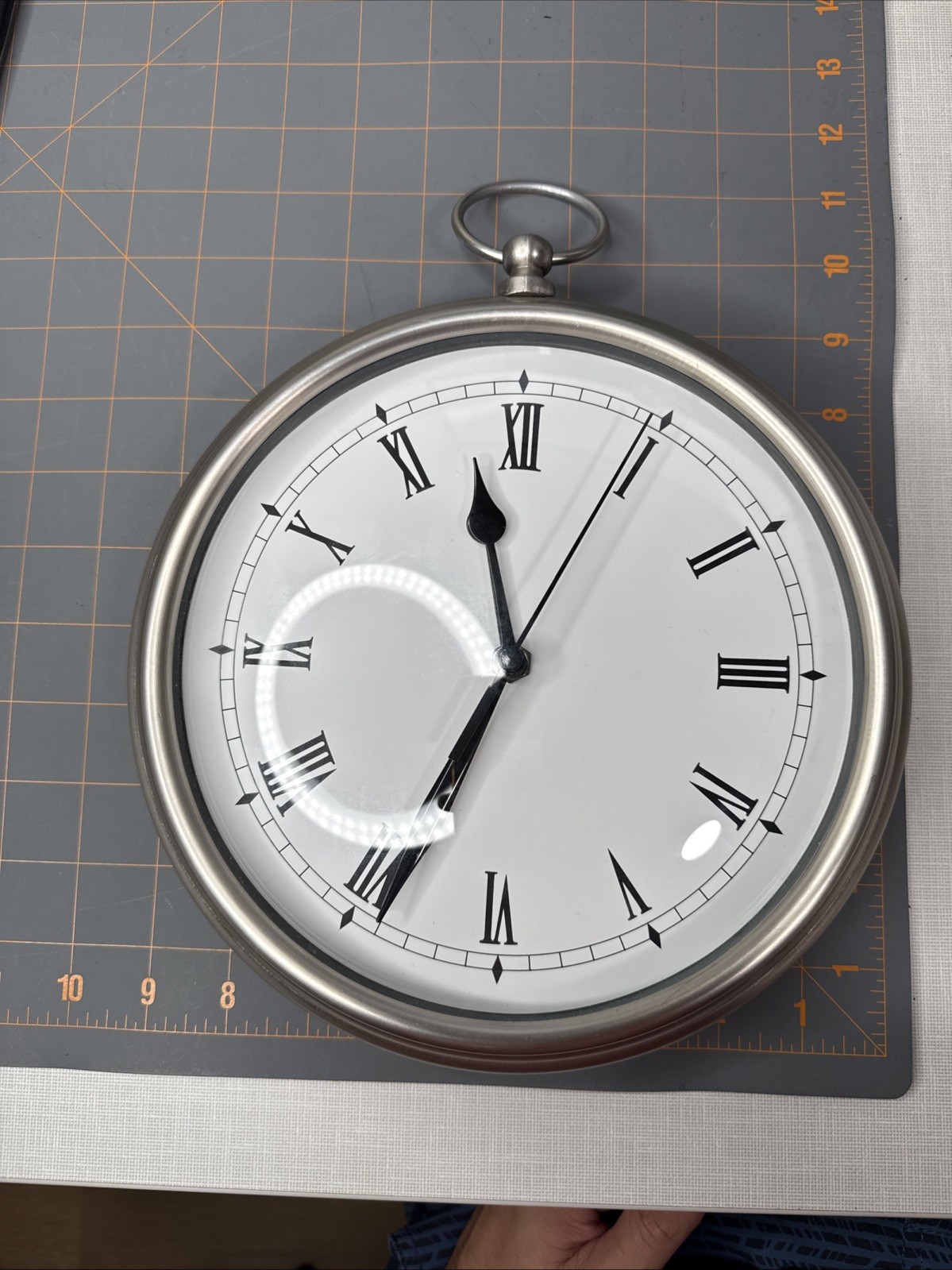 Pottery Barn Pocket Watch Wall Clock Heavy Brushed Silver Pewter Metal 9" Round