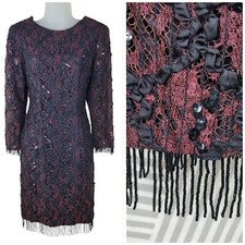 Vintage 80s Lace Dress Size 8/10 grunge Prom Victorian Beaded Fringe Distressed