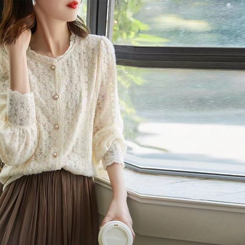 Womens Lace Long Puff Sleeve Loose Hollow Out Tops Shirts Ladies French Style Sz - Picture 3 of 10