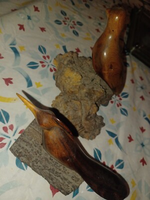 2 Vintage Hand Carved Roadrunnerand Bird On Driftwood 