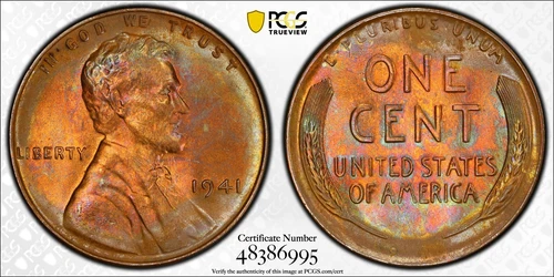 1941 1C Lincoln Wheat Cent PCGS MS 64 RB with Toning