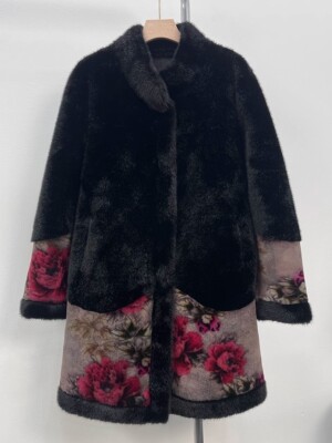 Winter Women's Fur Jacket Medium Long Warm Coat Floral Thick Parka Sz