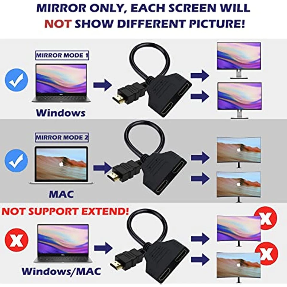 4K HDMI Cable Adapter Male To Dual Female 2.0 Converter 1 in 2 out Y Splitter TV - Image 3 of 4