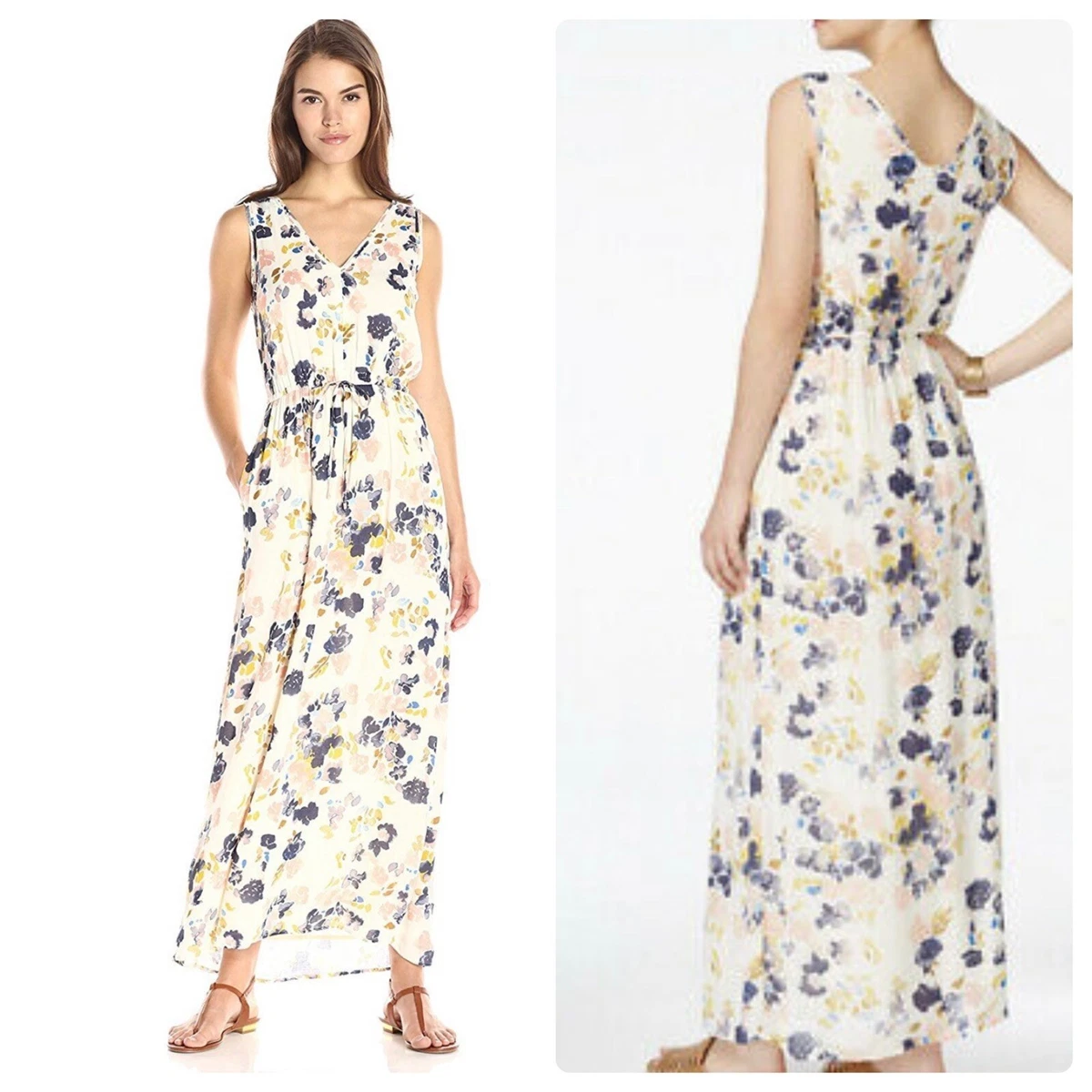 Lucky Brand Maxi Dress Cream Blue Pink Sz XS Watercolor Floral