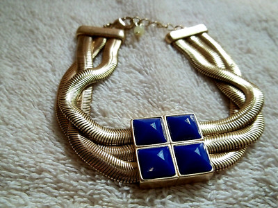 Signed SAQ Bracelet, Gold Tone Metal, Blue Faceted Acrylic Stones