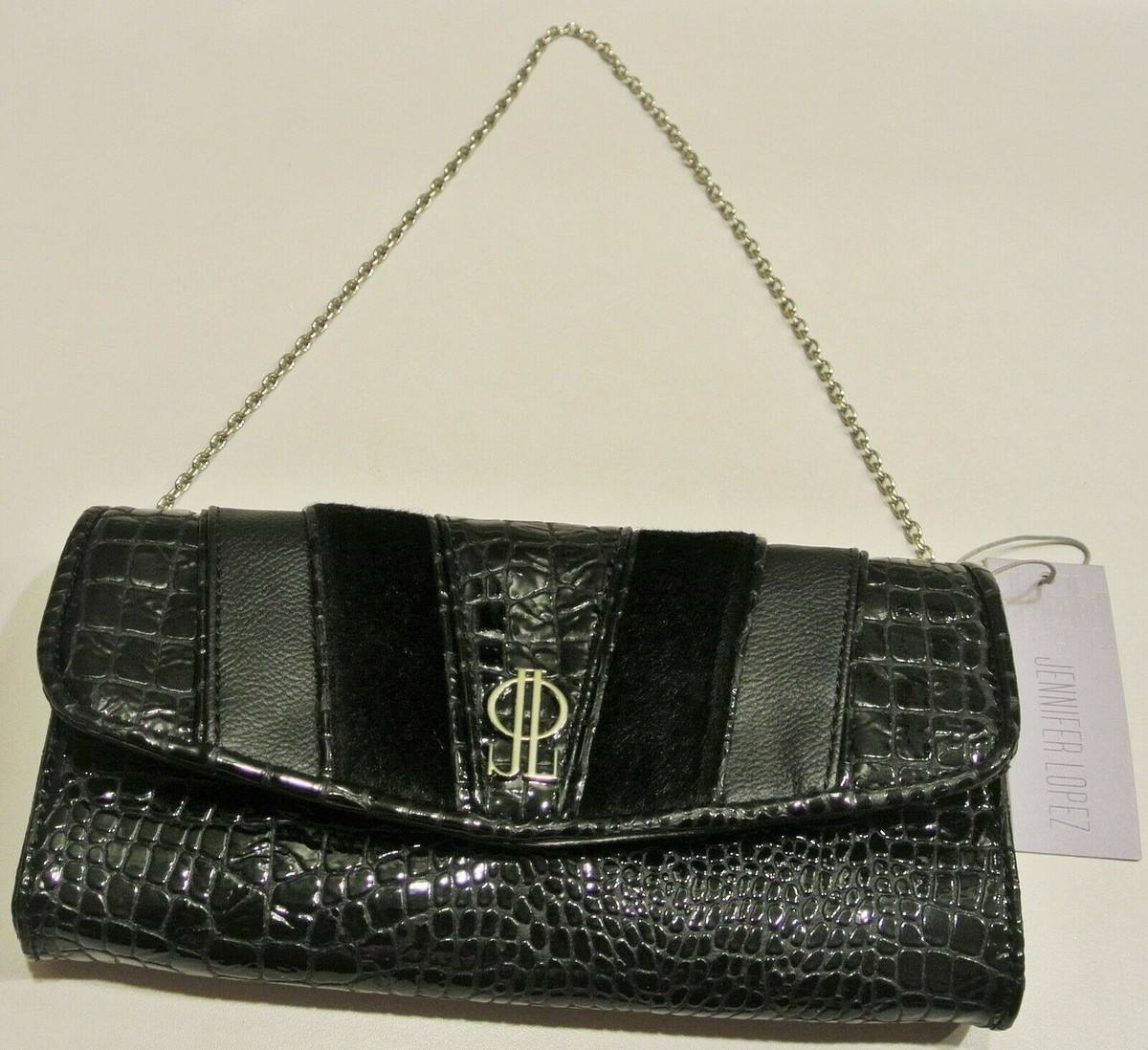 Jennifer Lopez purse clutch handbag Black Snakeskin Leather JLO