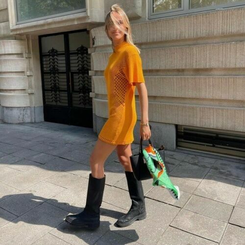 ❤️❤️H&M Trend Conscious Orange Crocheted Knit Cotton T-Shirt Dress sz S RARE