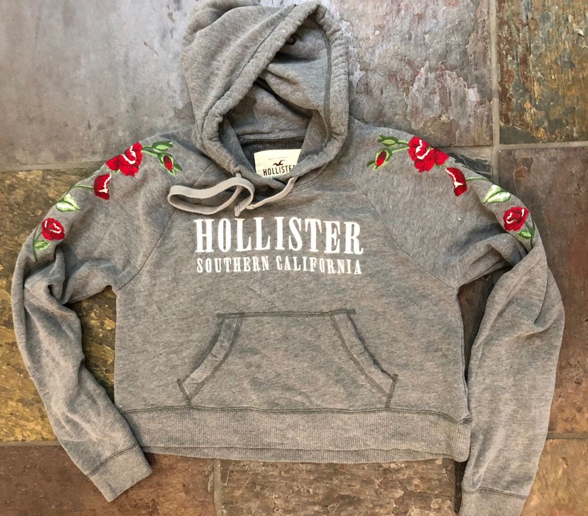 Hollister Cropped Hoodie Womens Small Rose Flower Embroidered - Read