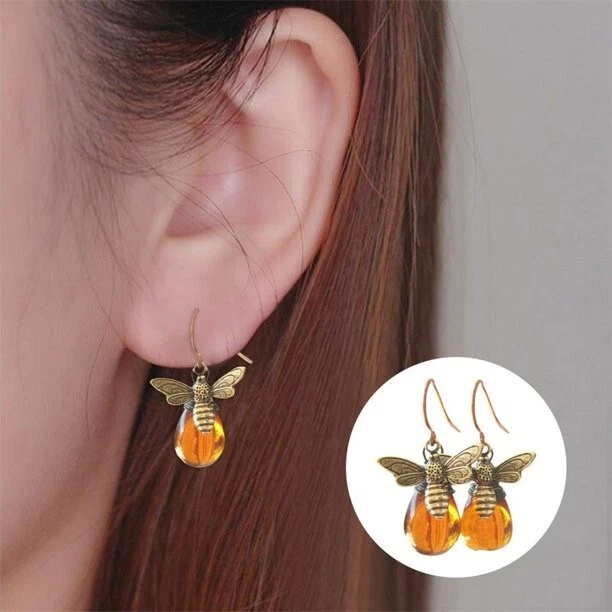 Vintage Honey Bee Drop Earrings Amber Gold Dangle Boho Jewelry Gift - Image 2 of 4