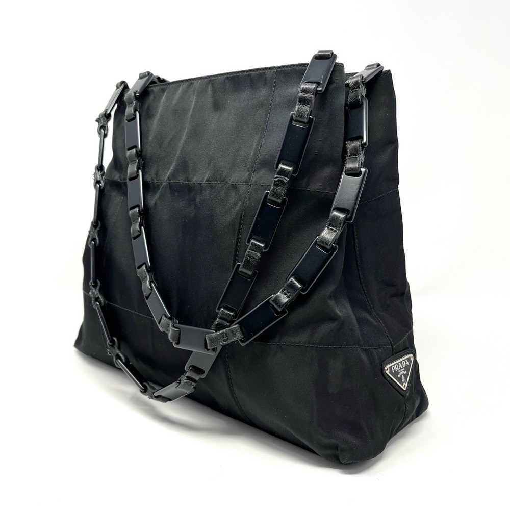 Vintage Prada Black Tessuto Nylon Triangle Logo Shoulder Bag Tote Leather Chain