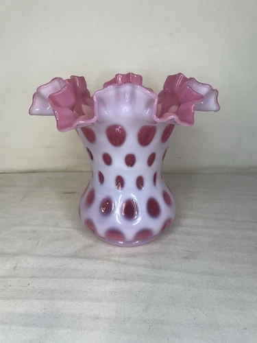 Vintage Fenton Cranberry Coin Dot 6 1/4" Double Crimp Ruffle Vase