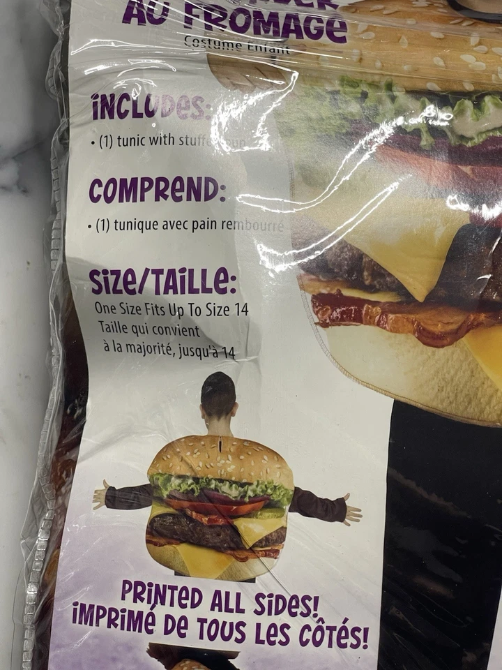 Fantasia Cheeseburger Infantil Tamanho Único Compatível com Até 14 Túnica Estampada em Todos os Lados Nova Com Etiqueta - Imagem 2 de 3