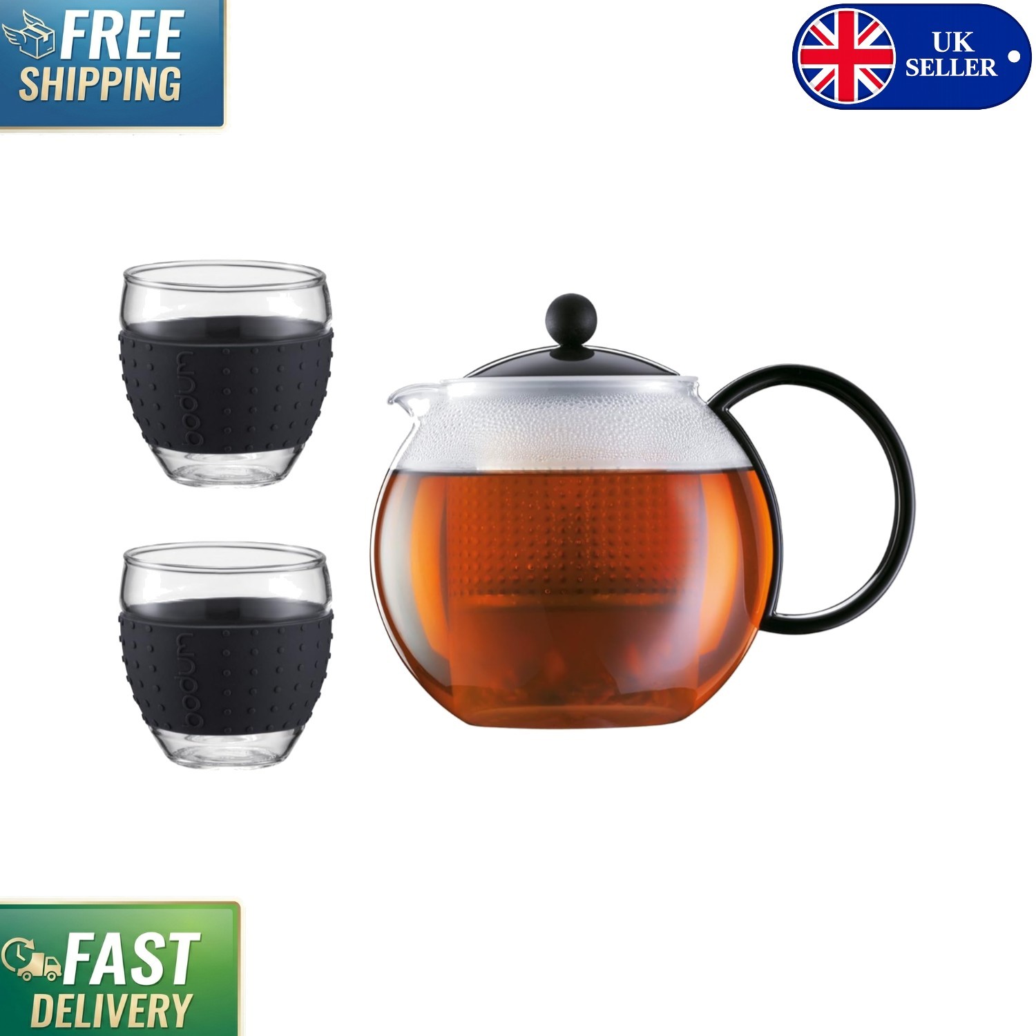 Sleek Black 1.0 L Tea Press with Silicone Infuser & 2 Glasses - Dishwasher Safe