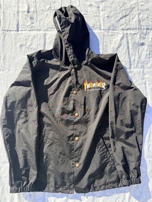 Thrasher Magazine Hooded Coach Jacket Windbreaker Black Mens L Skate