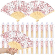 25 Sets Pink Flower Hand Folding Fans with Organza Bags Bulk, Guests Pink Flo...