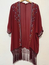 Umgee Boho Embroidered Fringe Kimono Cardigan Burgundy 1XL Plus
