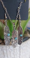 Turquoise Silvertone Feather Earrings Necklace Set Western Southwestern Jewelry