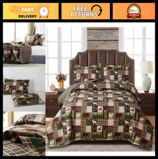 Reversible Lodge Plaid Twin Quilt - Rustic Moose Bear Bedding Set, Lightweight C