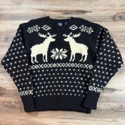 90s Vintage GAP 100% Shetland Wool Sweater Black White Fair Isle Moose Preppy