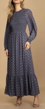 Lulu's Blue and Silver Dotted Smocked Maxi Dress Small Long Sleeve Lined