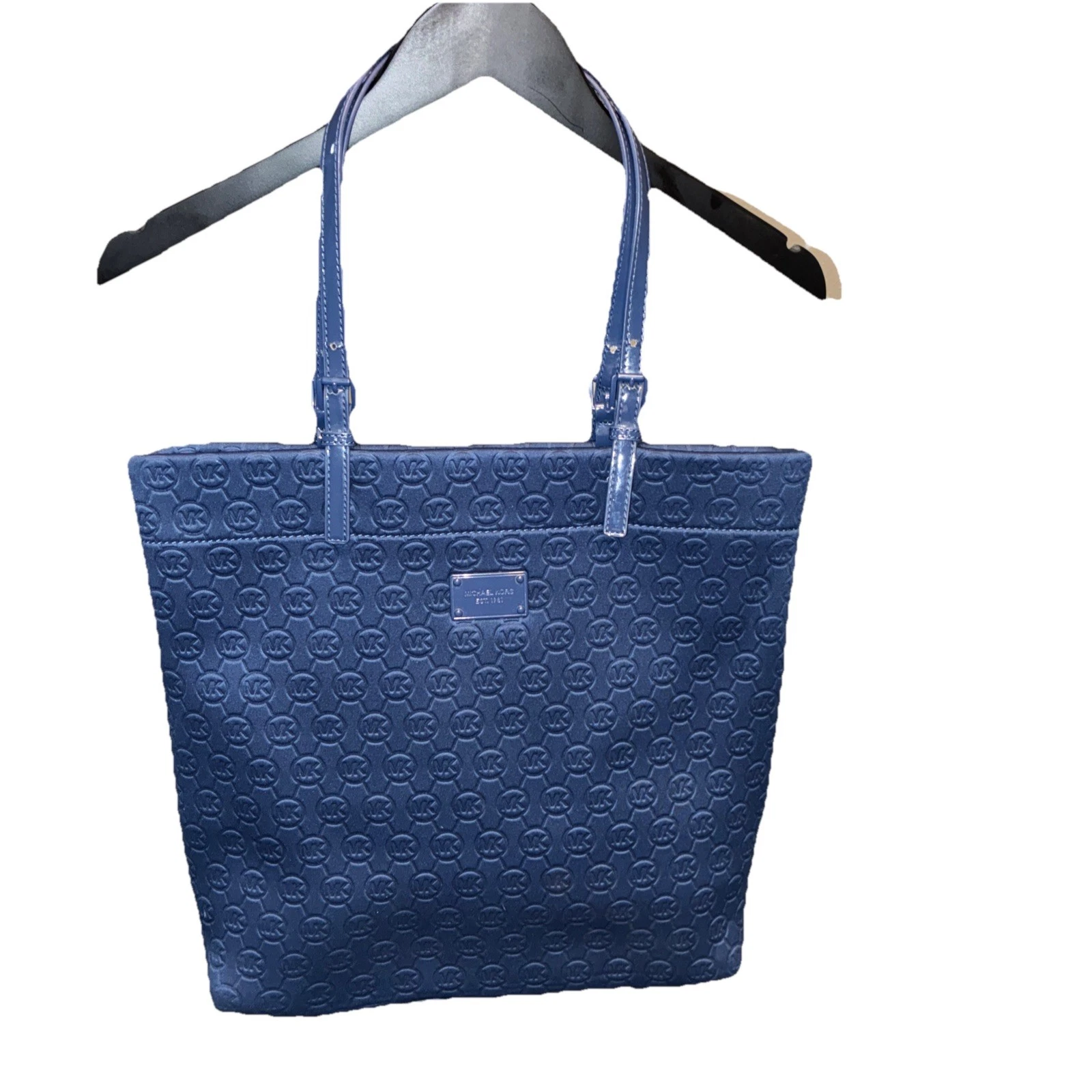 Michael Kors Jet Set Embossed Canvas Signature Logo Tote Bag Blue Neoprene Purse
