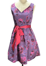 Modcloth XS Purple Pink flowers tea dress detachable pink sash lined pockets