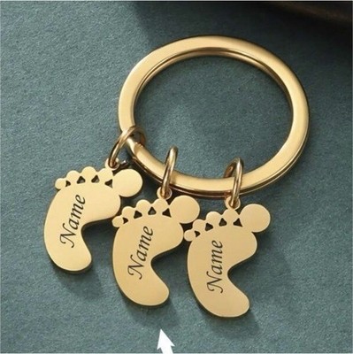 Personalized Engraved Baby Feet Metal Keychain Gold Tone Detachable Keyring