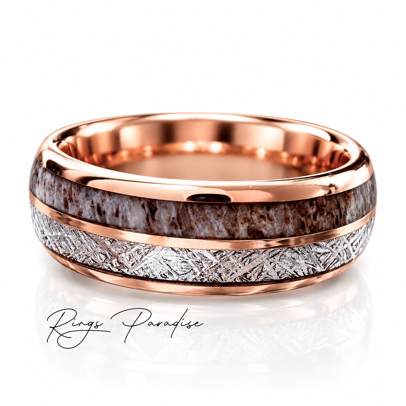 Meteorite and Deer Antler Inlay Wedding Band | Rose Gold Tungsten Ring | 8mm