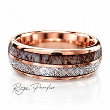 Meteorite and Deer Antler Inlay Wedding Band | Rose Gold Tungsten Ring | 8mm