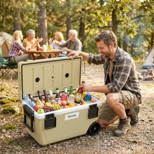 70L Insulated Cool Box with Wheels, Portable Ice Cooler, Khaki