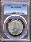 1969-D KENNEDY HALF DOLLAR PCGS MS64 - 40% SILVER (PCGS SerNo. 61494301)