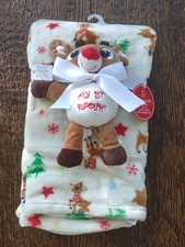 NWT Rudolph the Red-Nosed Reindeer Plush Baby Blanket Set Christmas Toy 30 x 34