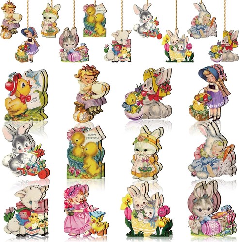24 Pcs Easter Wooden Hanging Ornaments Bunny Egg Cutouts &Rope for Easter Party