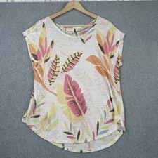 Cynthia Rowley Shirt Womens XL White Pink 100% Linen Floral Beachy Cap Sleeve