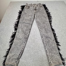 Y2K Acid Wash Jeans Fringe Vintage Statement Paris Blues Size 5 90s Grunge Core