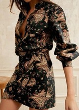 SEZANE Robe Capri Dress Paisley Noir Button Front Black Beige US 4